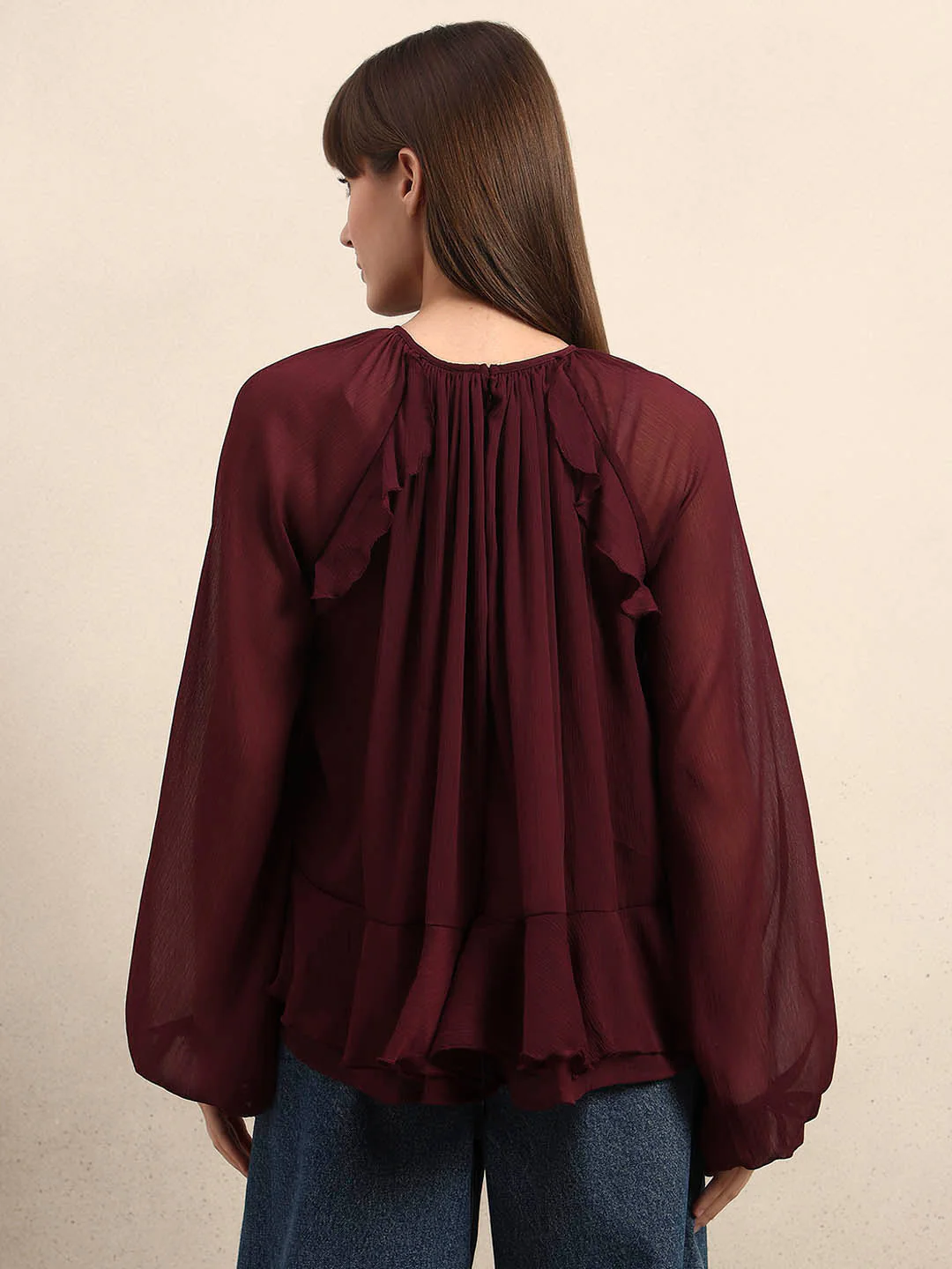 Sheer Ruffle Top - Maroon - Image 4