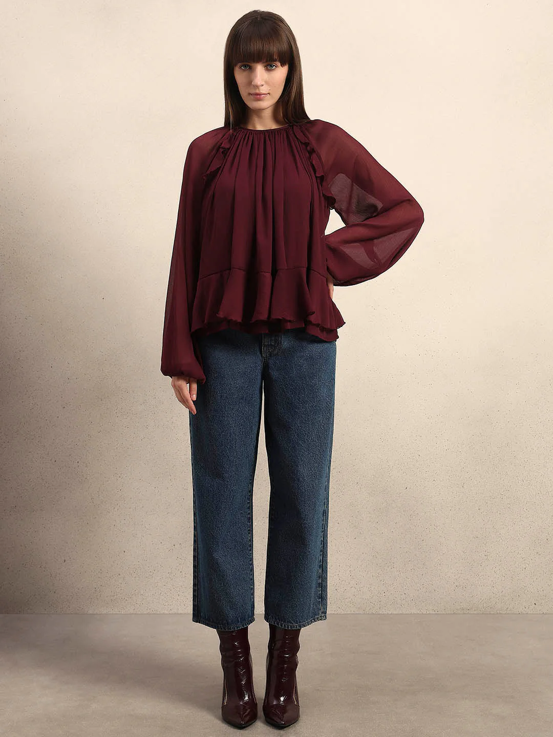 Sheer Ruffle Top - Maroon - Image 5