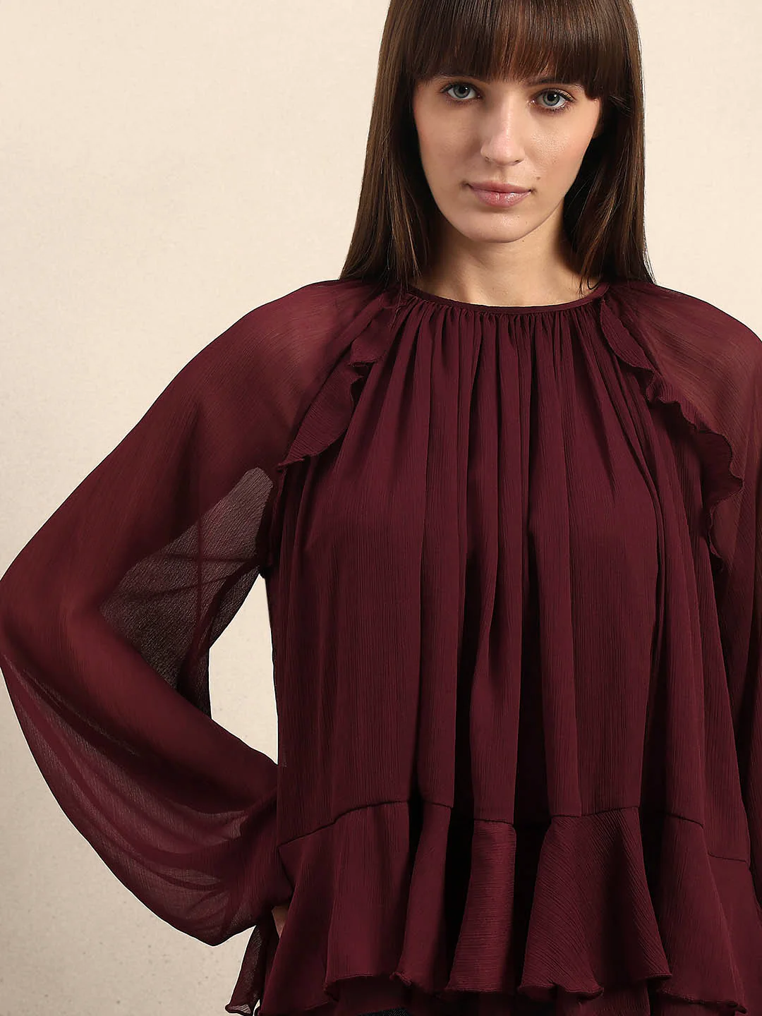 Sheer Ruffle Top - Maroon - Image 6