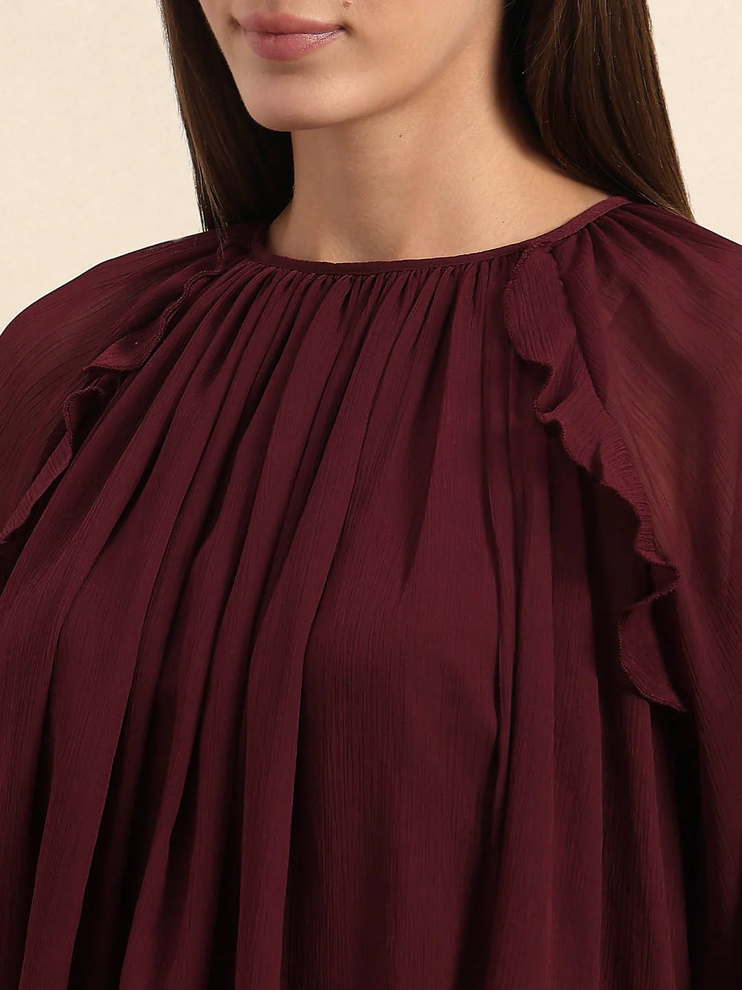 Sheer Ruffle Top - Maroon - Image 8