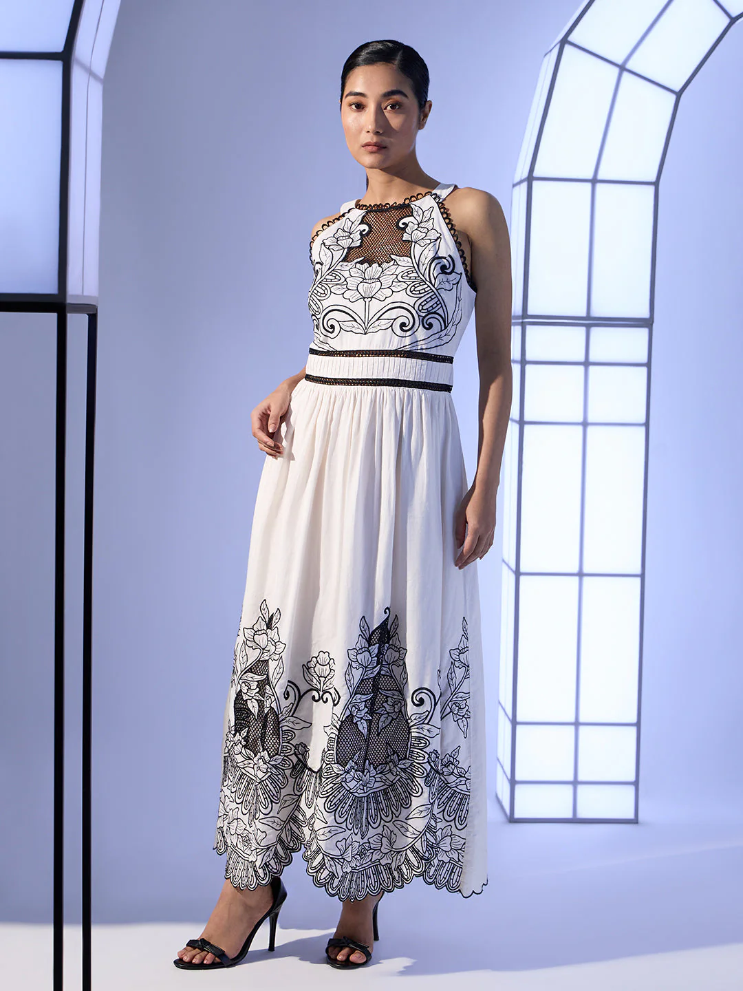 EDIT White & Black Embroidered Halter Neck Dress - Image 2
