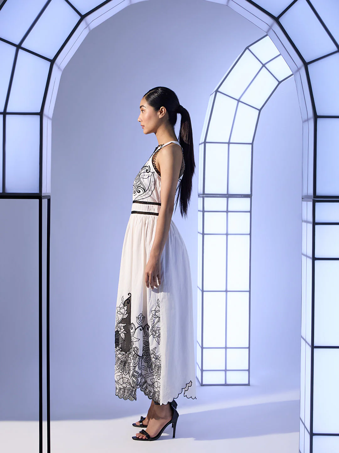 EDIT White & Black Embroidered Halter Neck Dress - Image 3