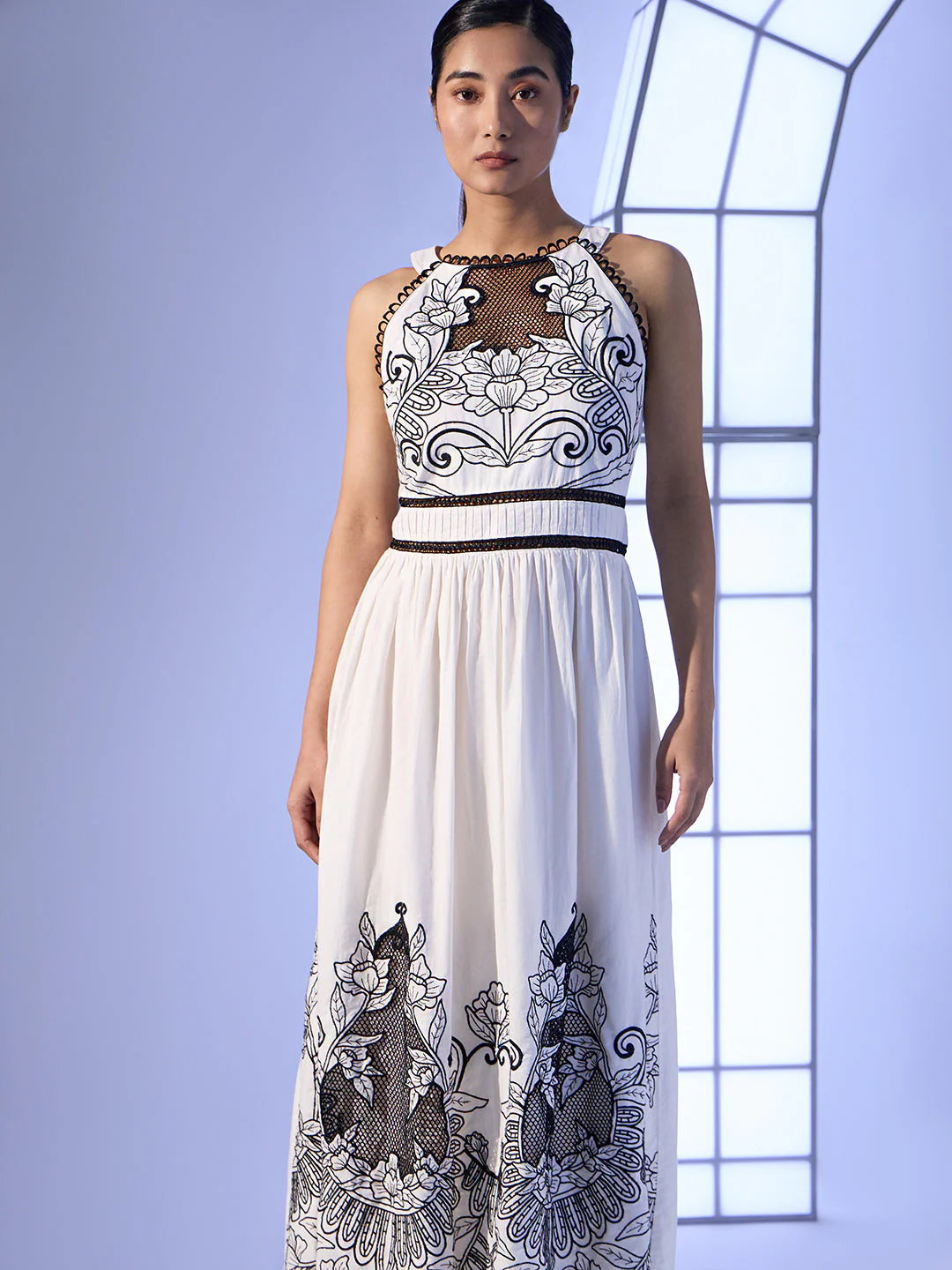 EDIT White & Black Embroidered Halter Neck Dress - Image 5