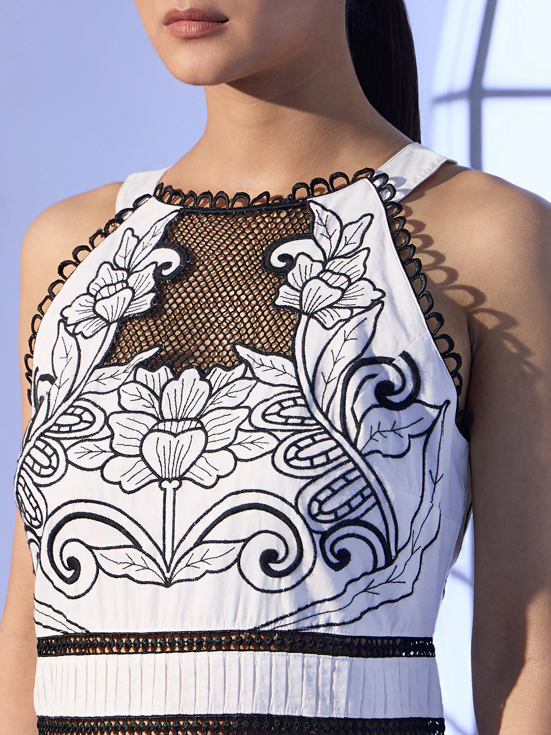 EDIT White & Black Embroidered Halter Neck Dress - Image 6
