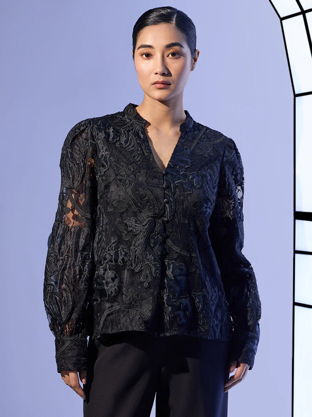 EDIT Black Sheer Embroidered Shirt - Image 2