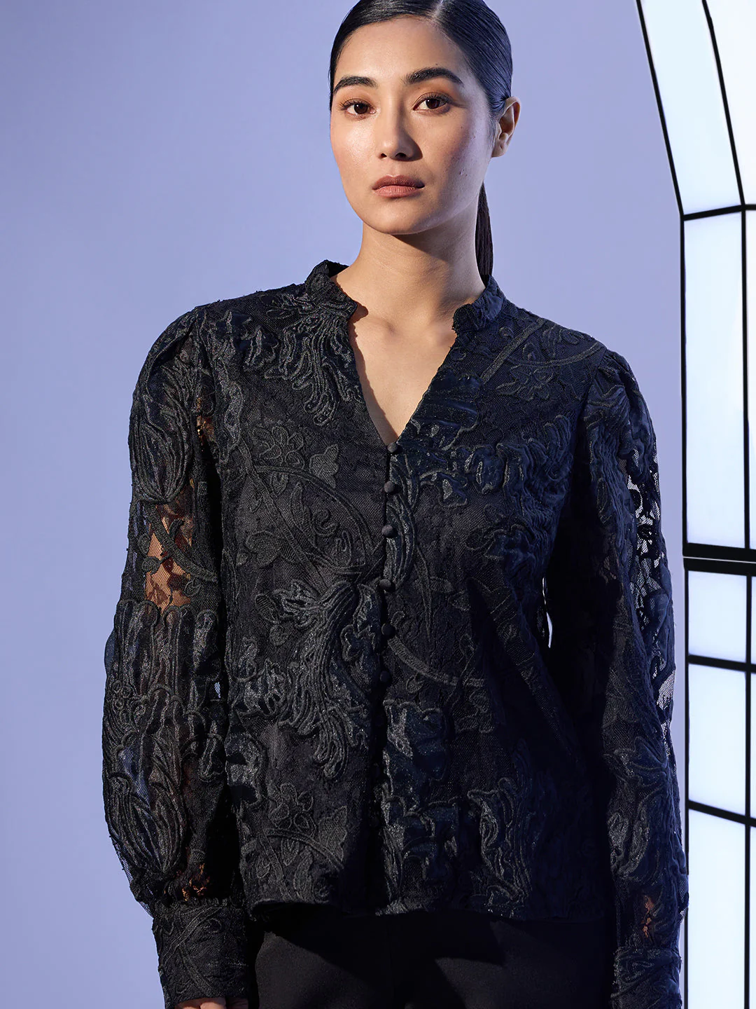 EDIT Black Sheer Embroidered Shirt - Image 6