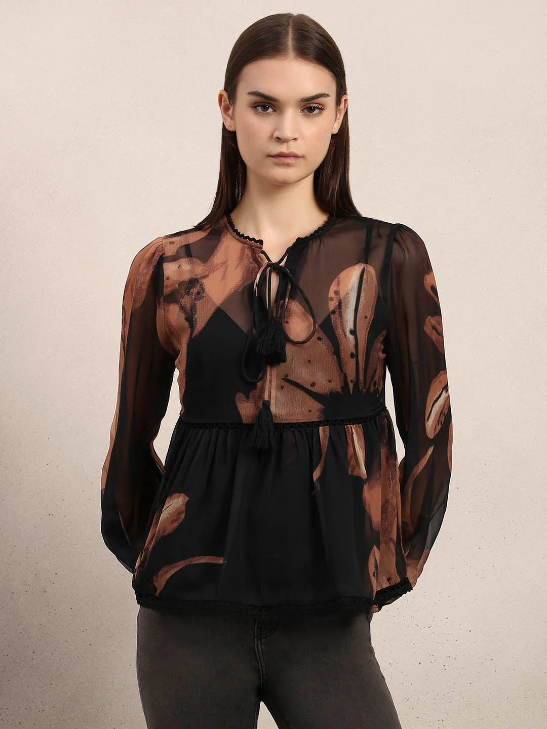 Brown & Black Chiffon Sheer Top - Image 2
