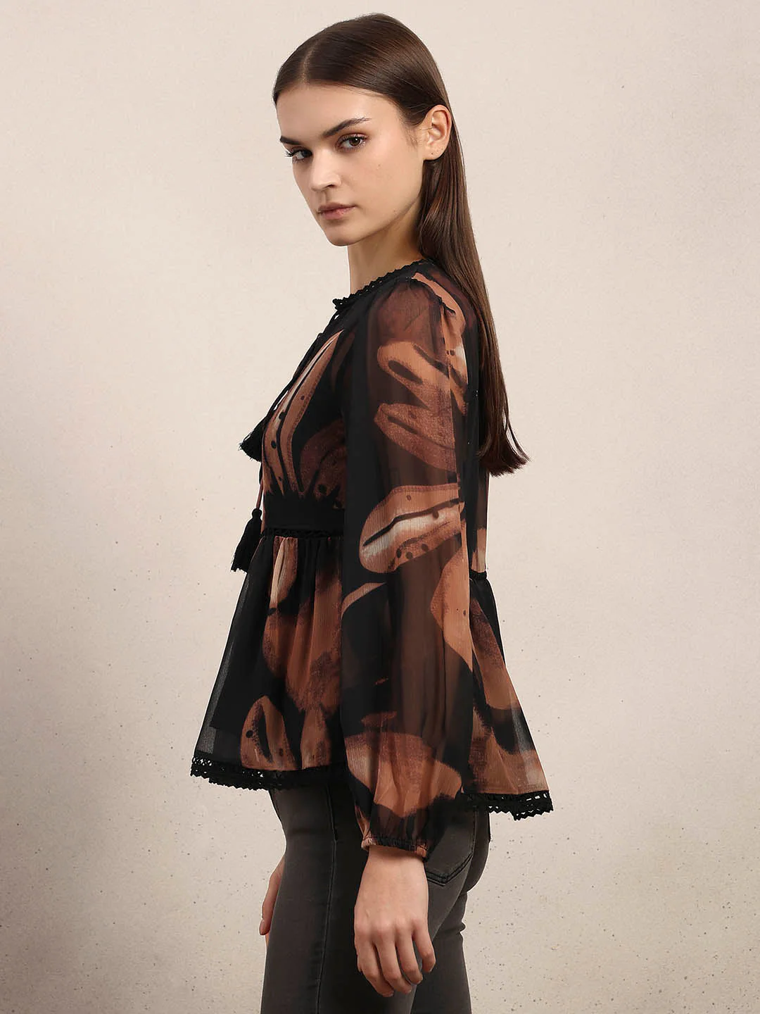 Brown & Black Chiffon Sheer Top - Image 3