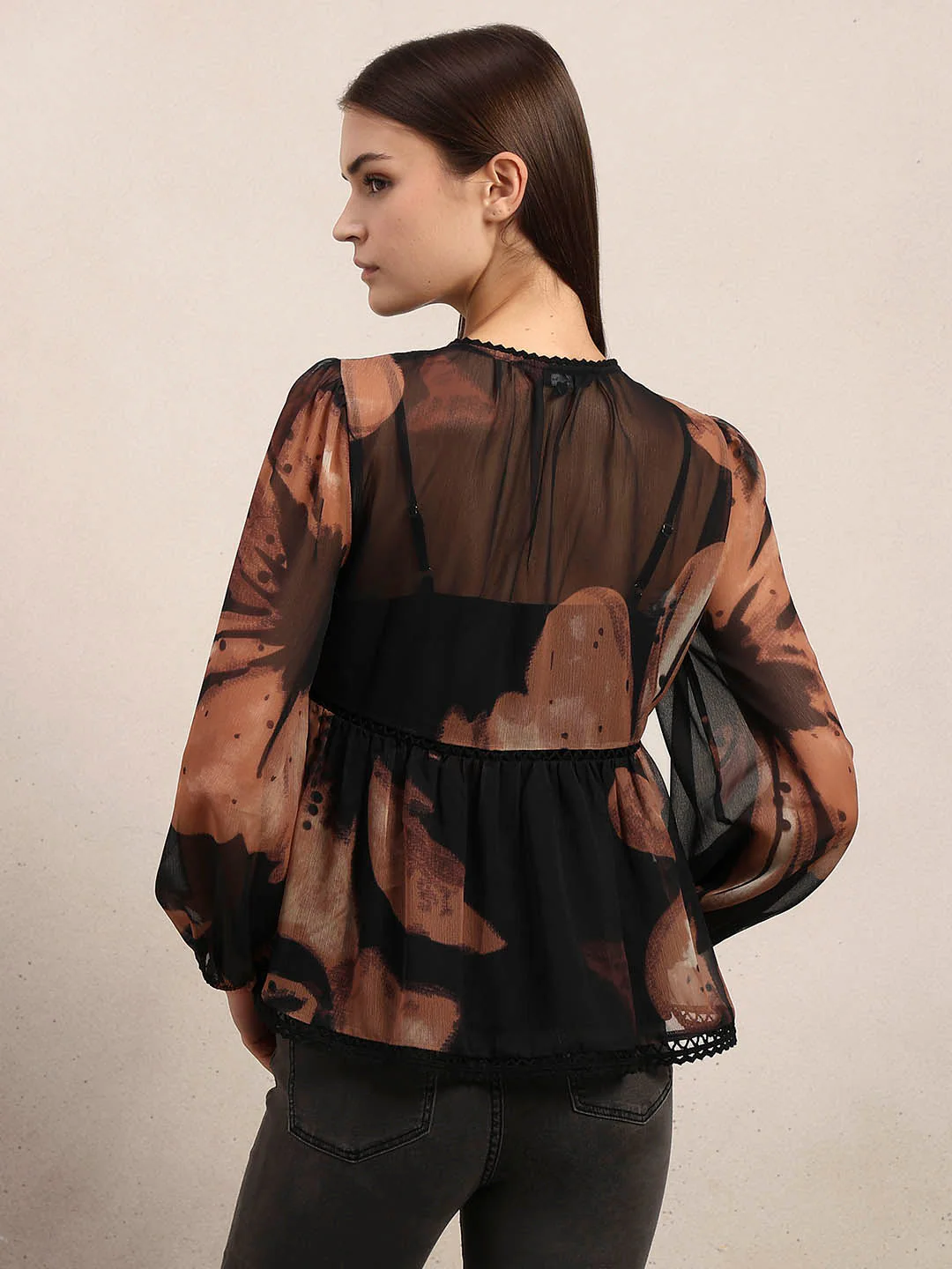 Brown & Black Chiffon Sheer Top - Image 4