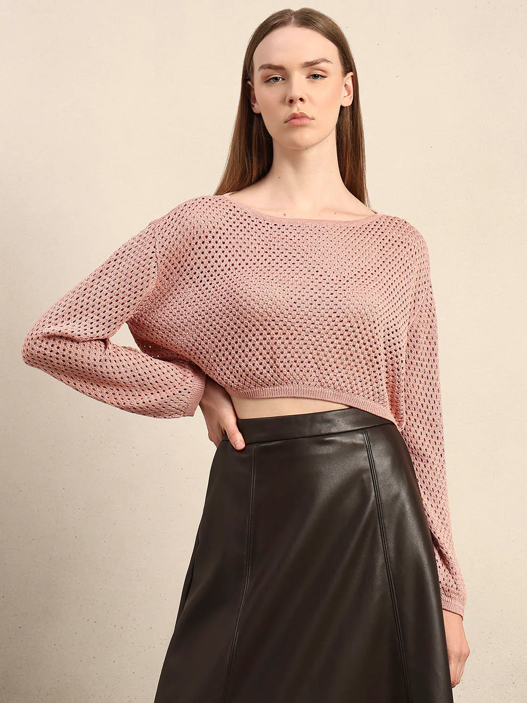 Pink Cropped Open-Knit Pullover - Image 2