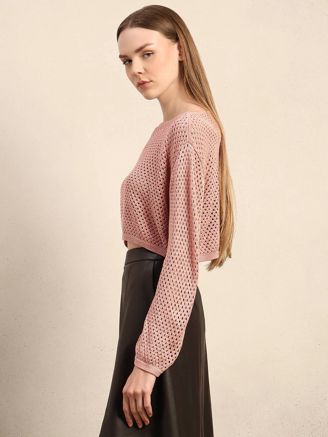 Pink Cropped Open-Knit Pullover - Image 3
