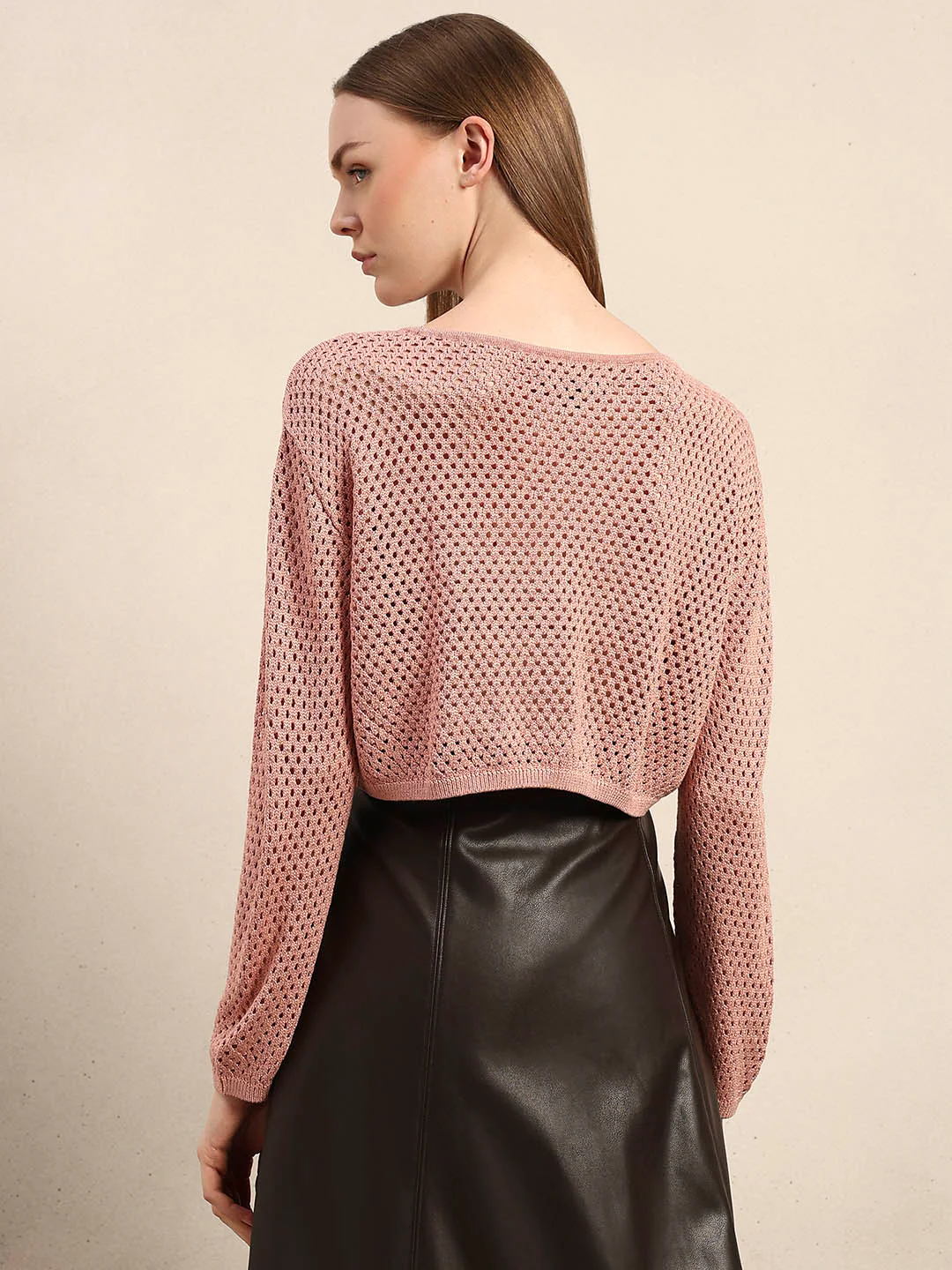 Pink Cropped Open-Knit Pullover - Image 4
