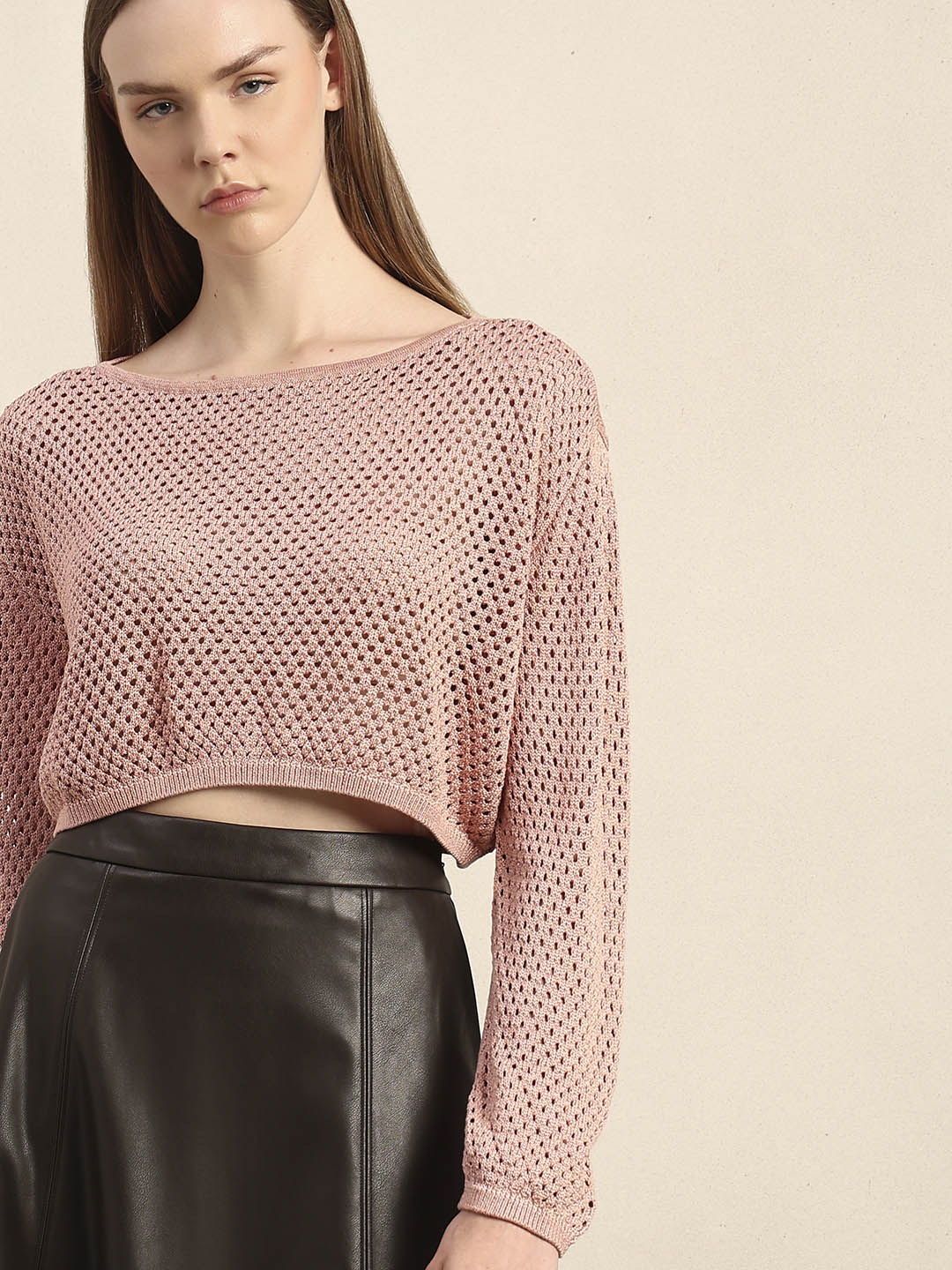 Pink Cropped Open-Knit Pullover - Image 6