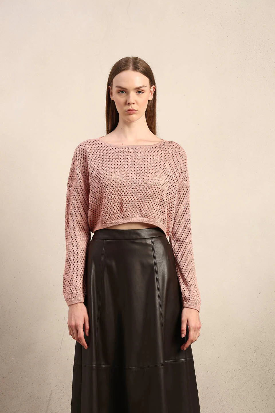 Pink Cropped Open-Knit Pullover - Image 9