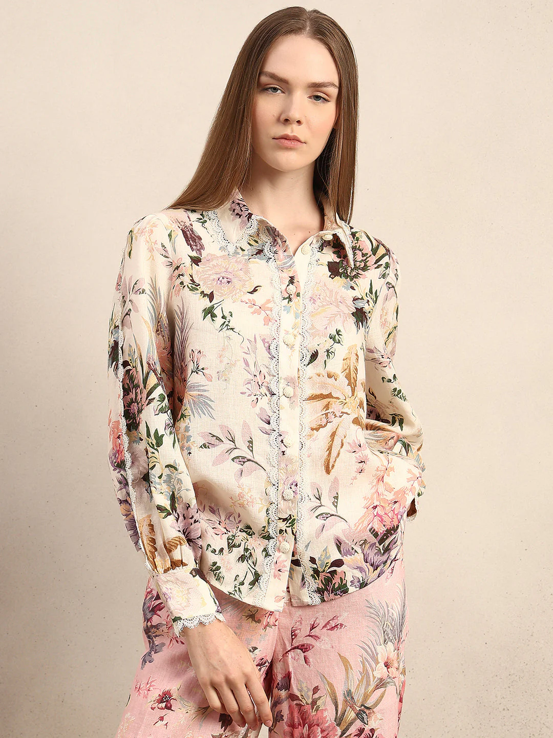 Floral Lace Trim Linen Shirt - Image 2