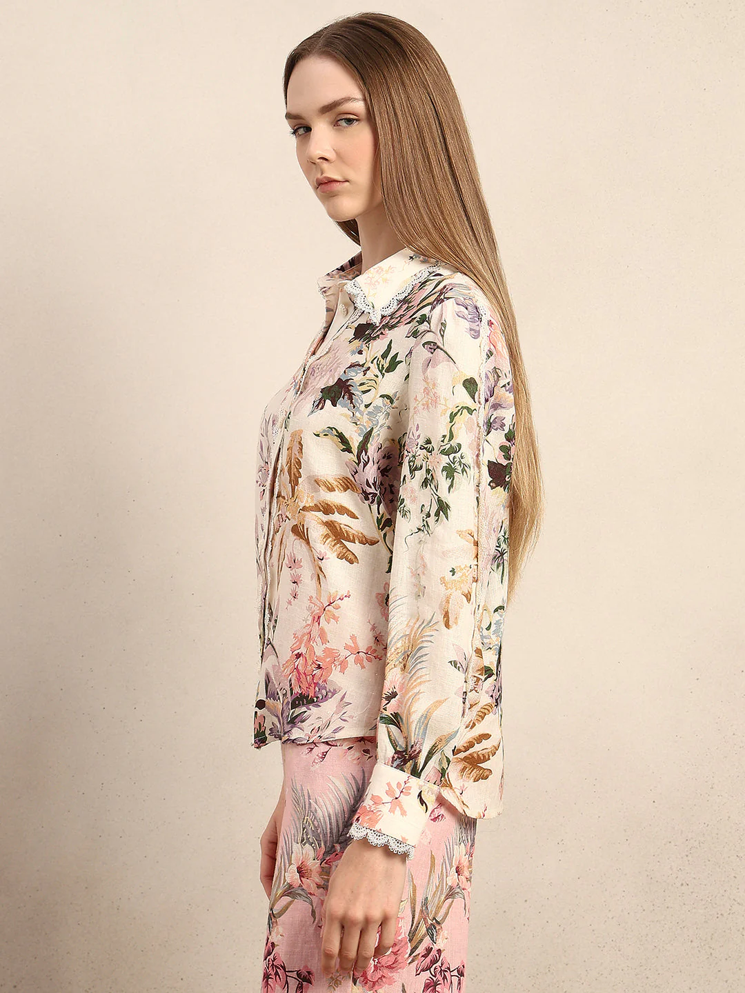 Floral Lace Trim Linen Shirt - Image 3
