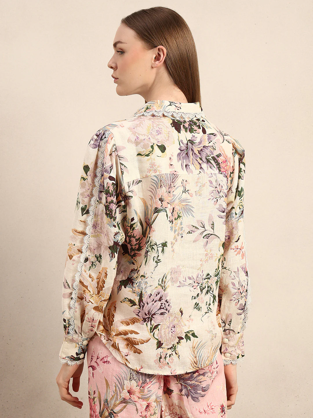 Floral Lace Trim Linen Shirt - Image 4