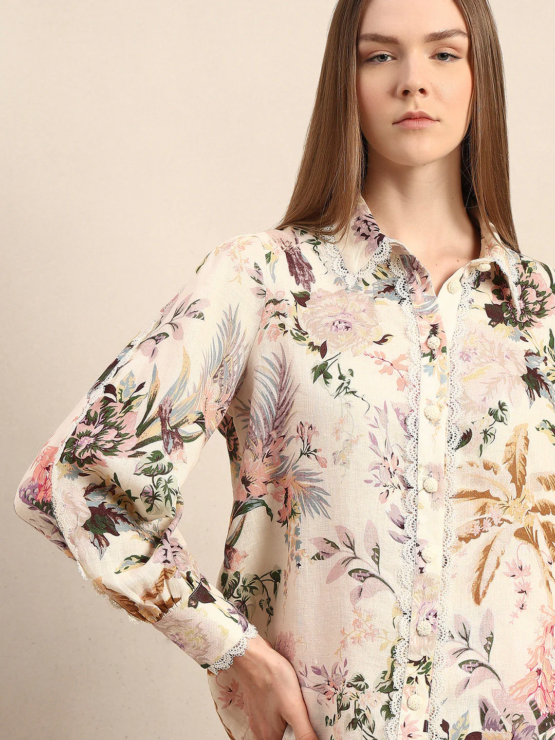 Floral Lace Trim Linen Shirt - Image 6