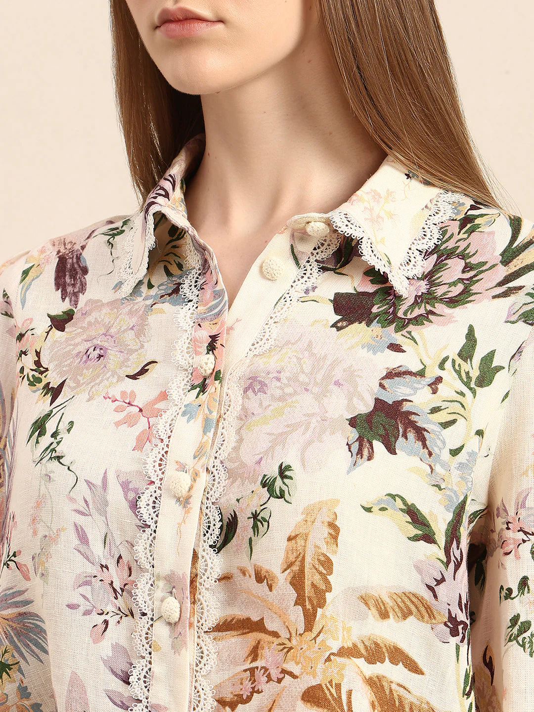 Floral Lace Trim Linen Shirt - Image 8