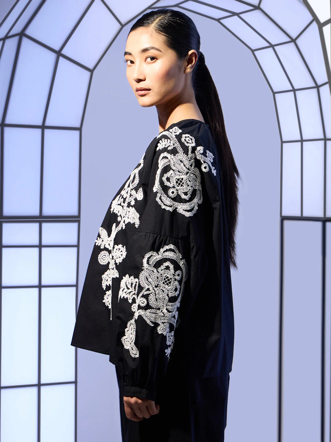 Black Embroidered Cotton Top - Image 3