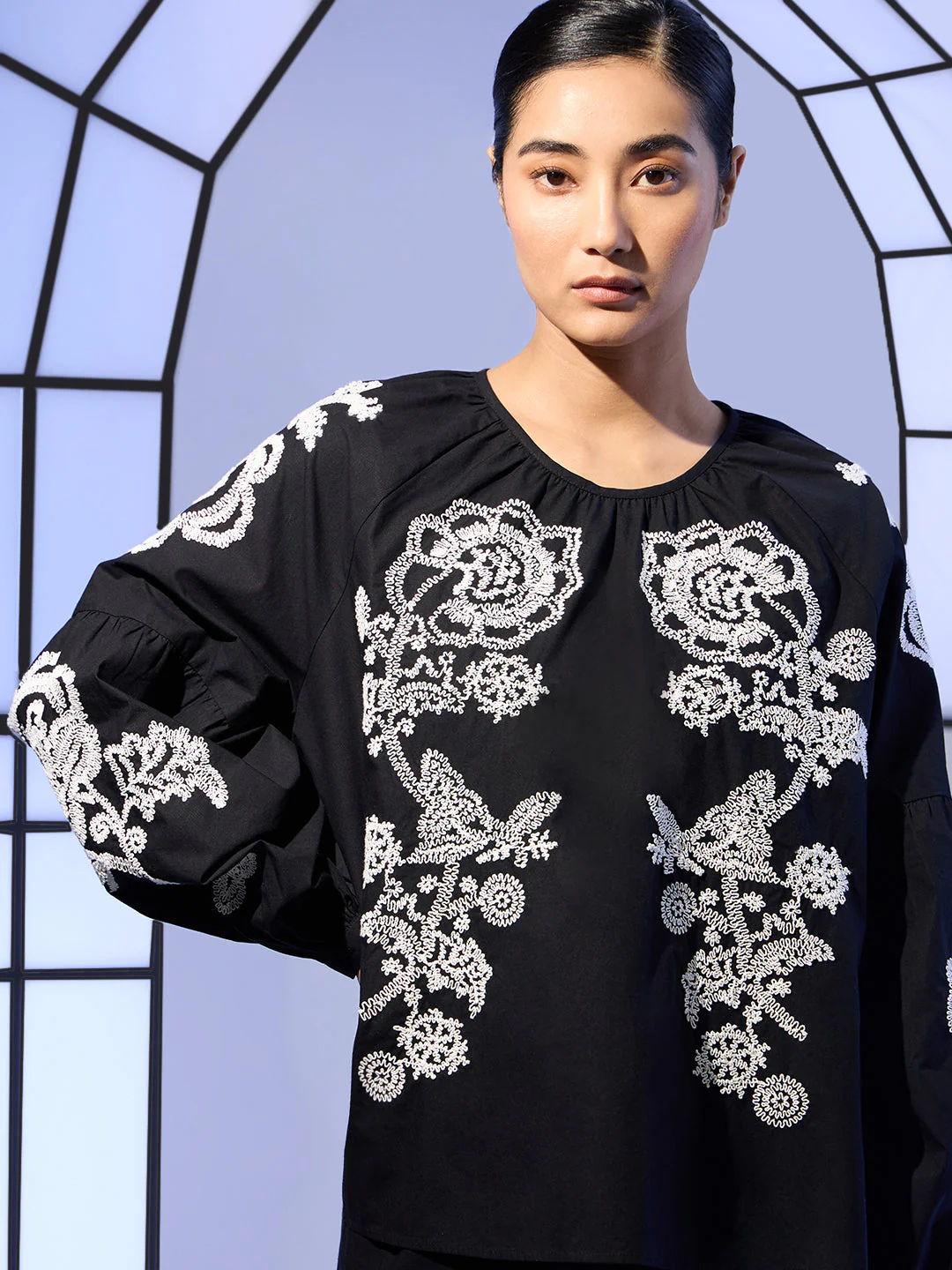 Black Embroidered Cotton Top - Image 6