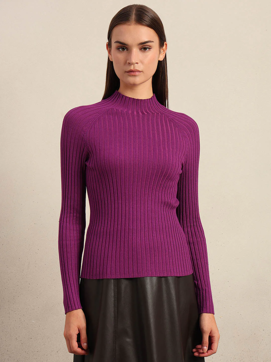Purple Ribbed Knit Fitted Top - Image 2