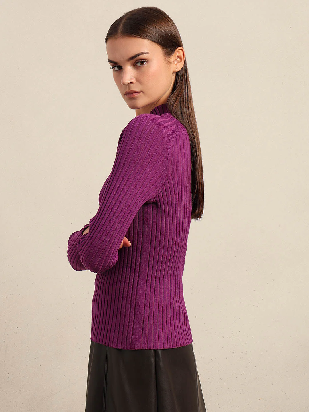Purple Ribbed Knit Fitted Top - Image 3