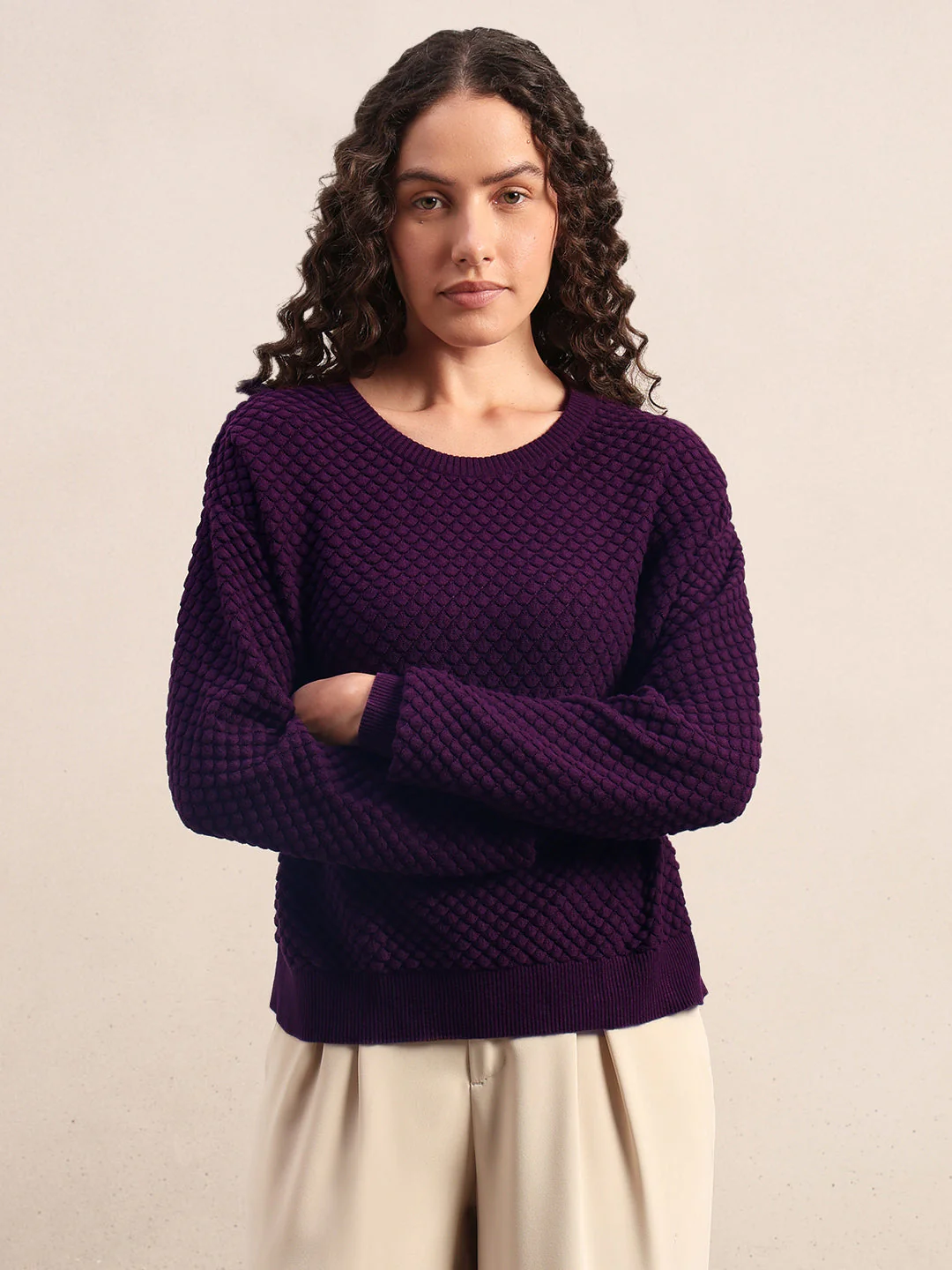 Dark Purple Textured Cotton Pullover - Image 2