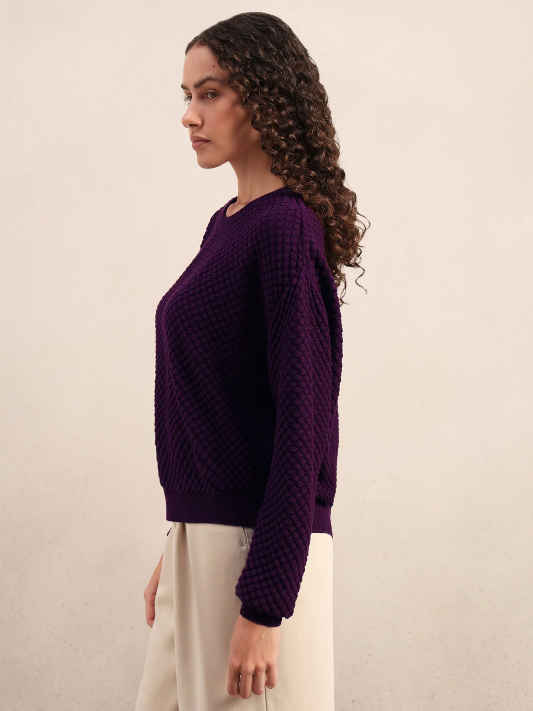 Dark Purple Textured Cotton Pullover - Image 3