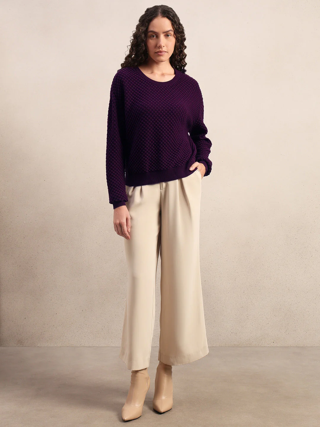 Dark Purple Textured Cotton Pullover - Image 5