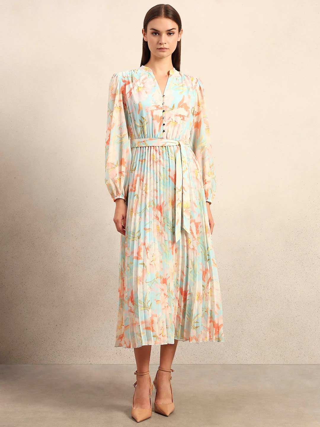 Floral Pleated Belted Dress - Image 2
