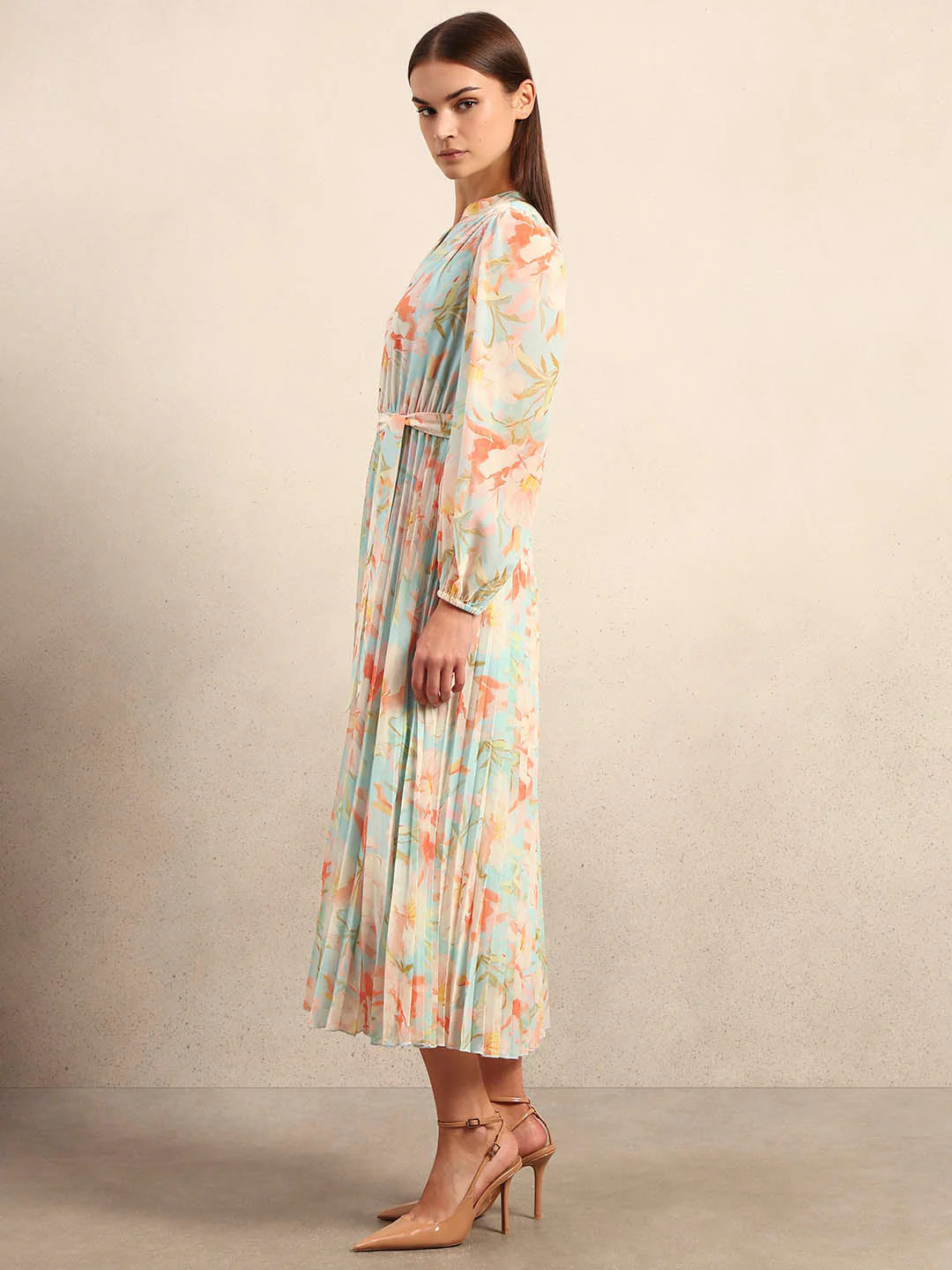 Floral Pleated Belted Dress - Image 3