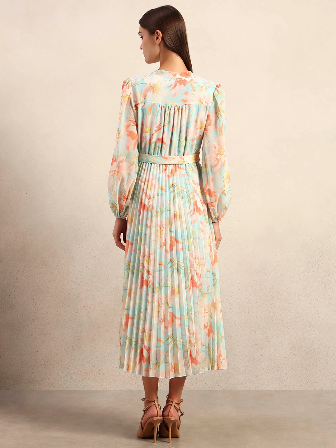 Floral Pleated Belted Dress - Image 4