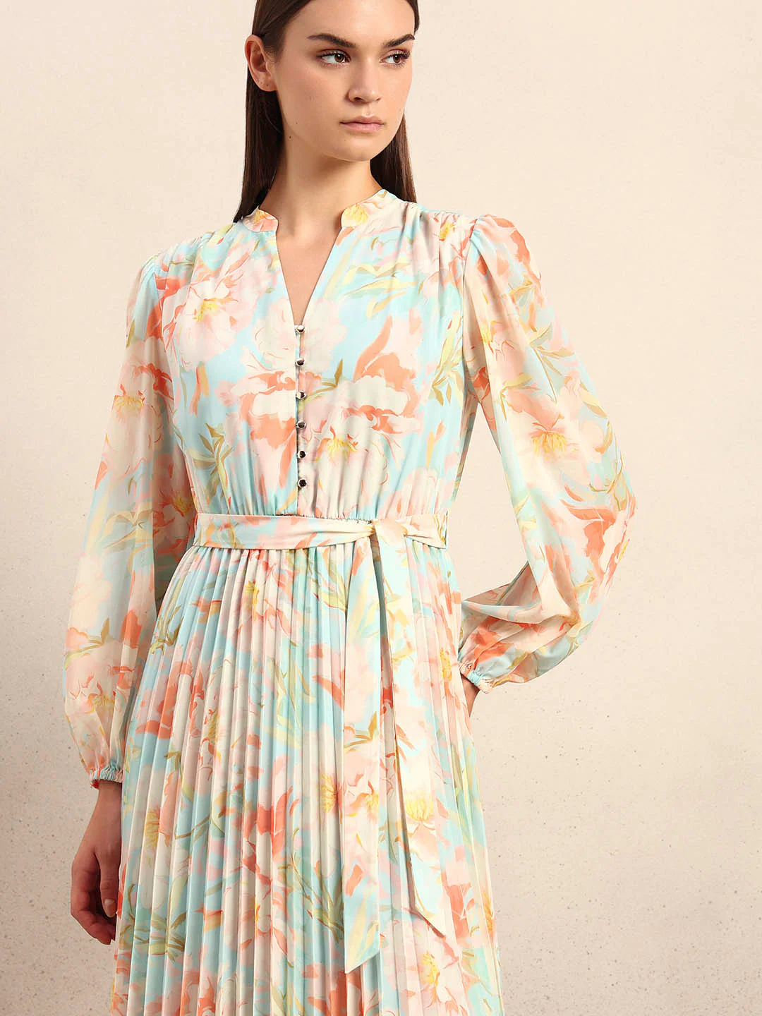 Floral Pleated Belted Dress - Image 5