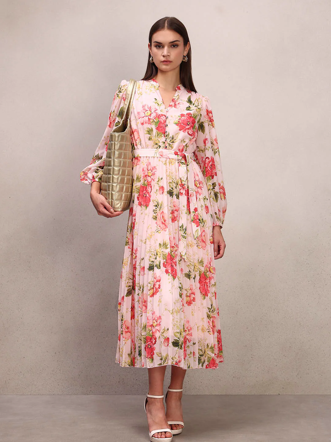 Floral Print Pleated Midi Dress