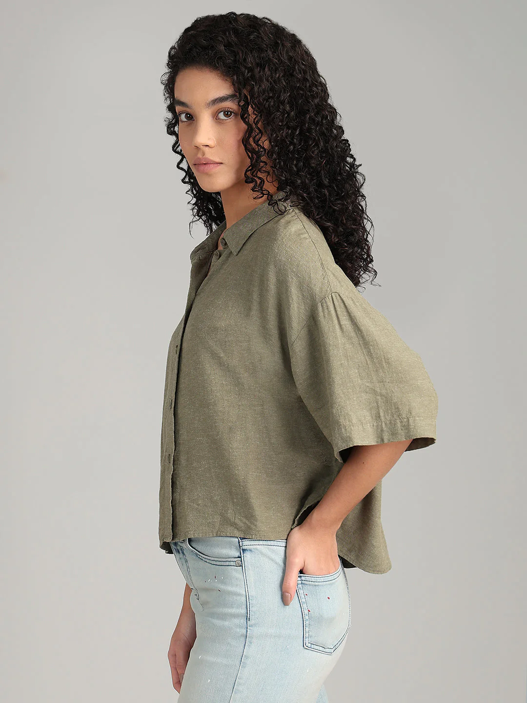 Linen Blend Short Sleeved Shirt - Green - Image 3