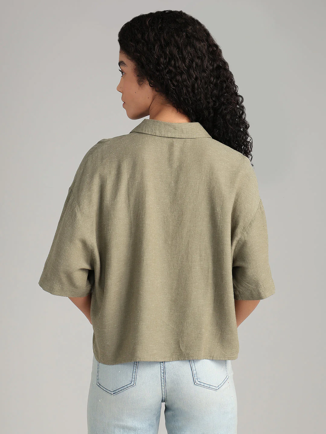 Linen Blend Short Sleeved Shirt - Green - Image 4