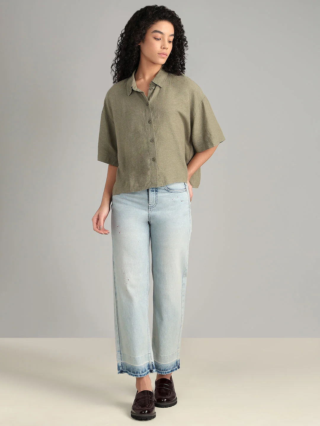 Linen Blend Short Sleeved Shirt - Green - Image 5