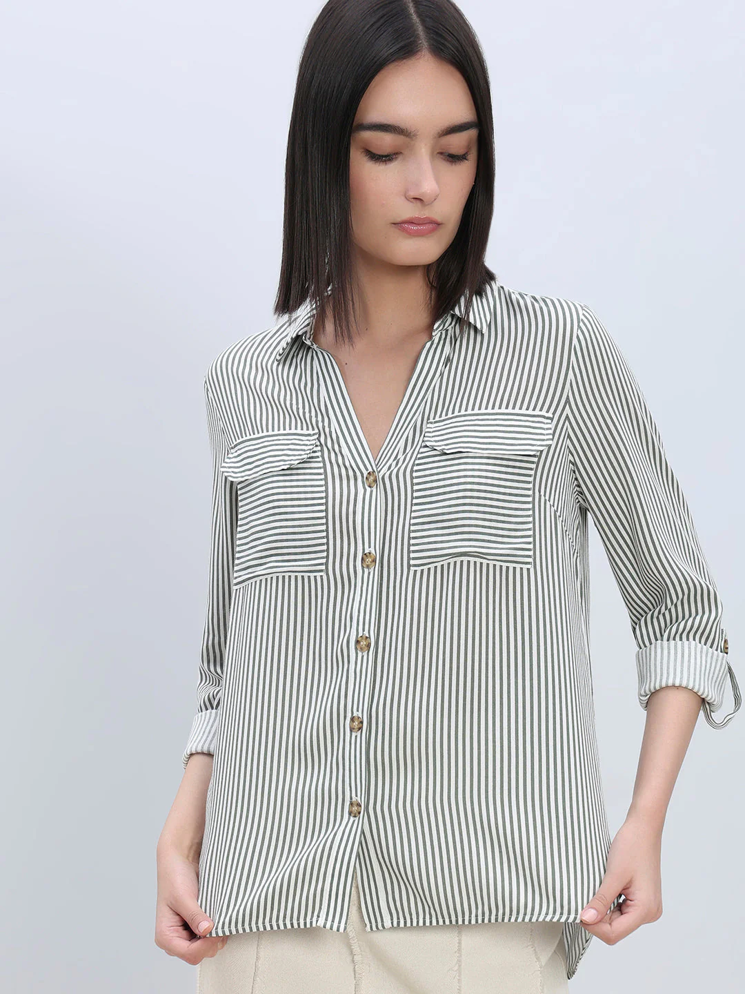 Striped Full Sleeves Shirt - Green - Image 6