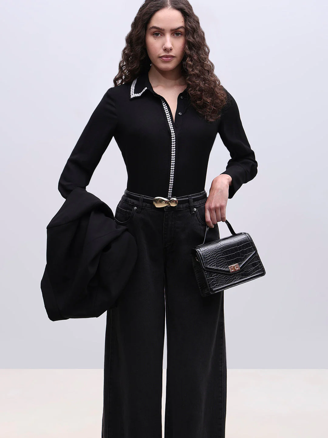 Embellished Trim Black Shirt