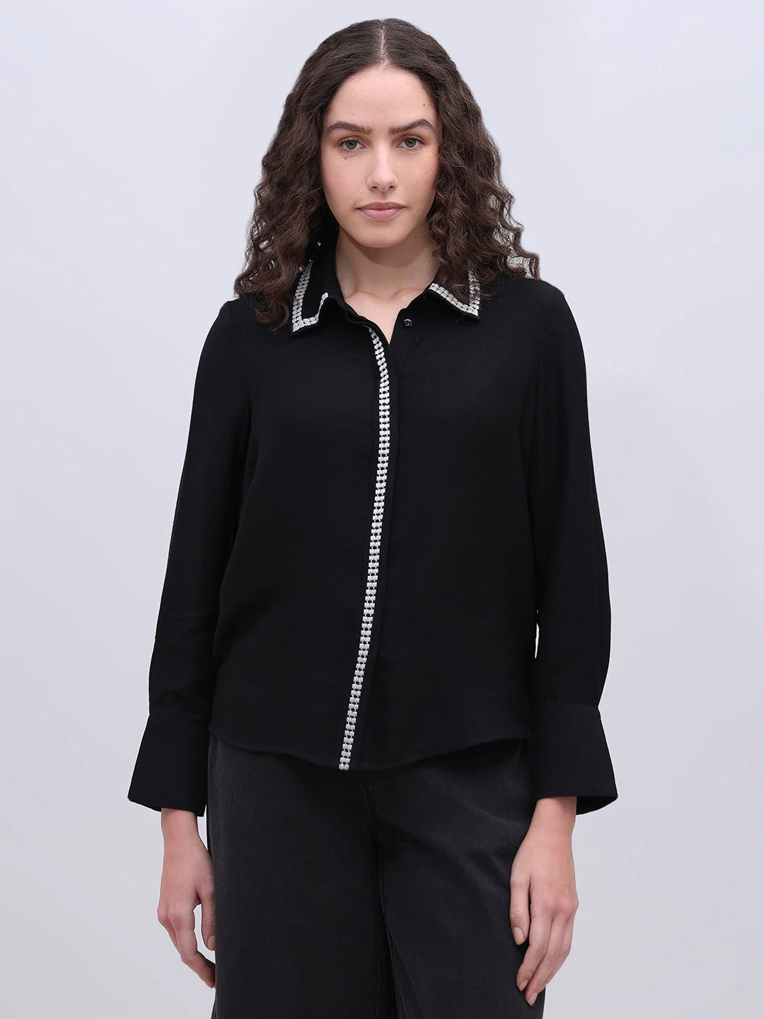 Embellished Trim Black Shirt - Image 2