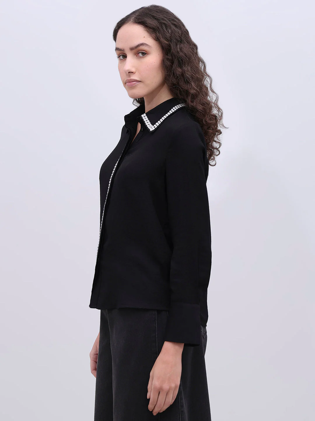Embellished Trim Black Shirt - Image 3
