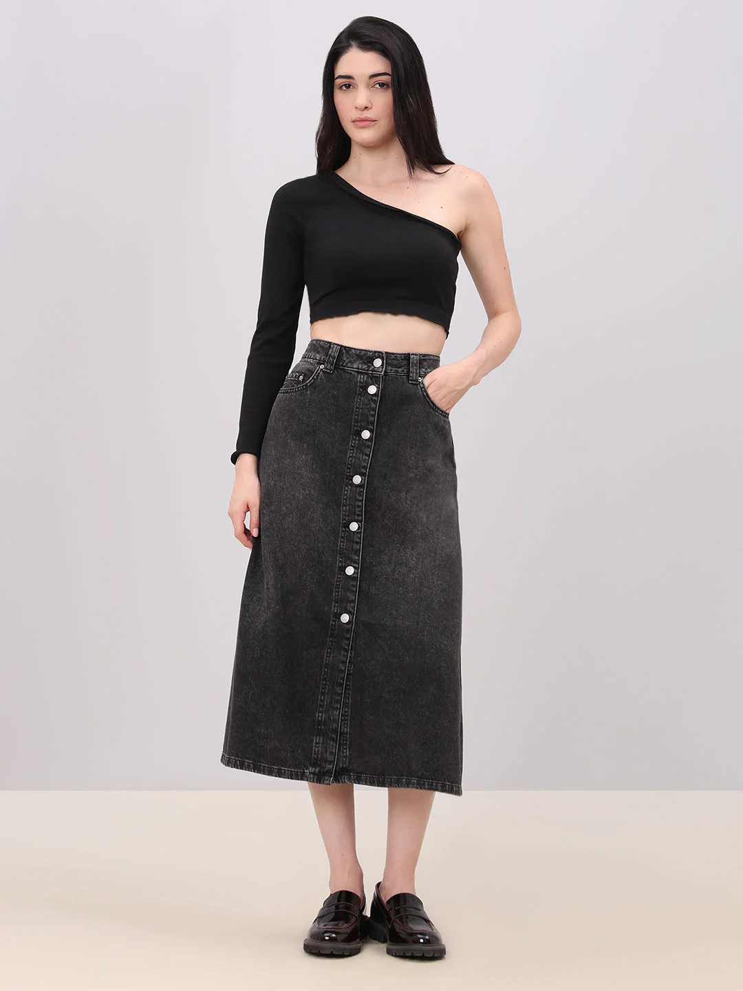 Black Button-Front Denim Skirt - Image 5