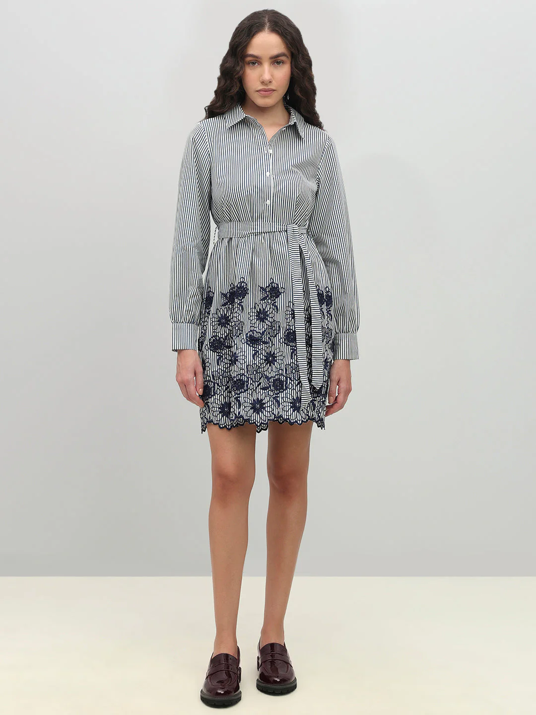 Striped Embroidered Lace Shirt Dress - Image 5