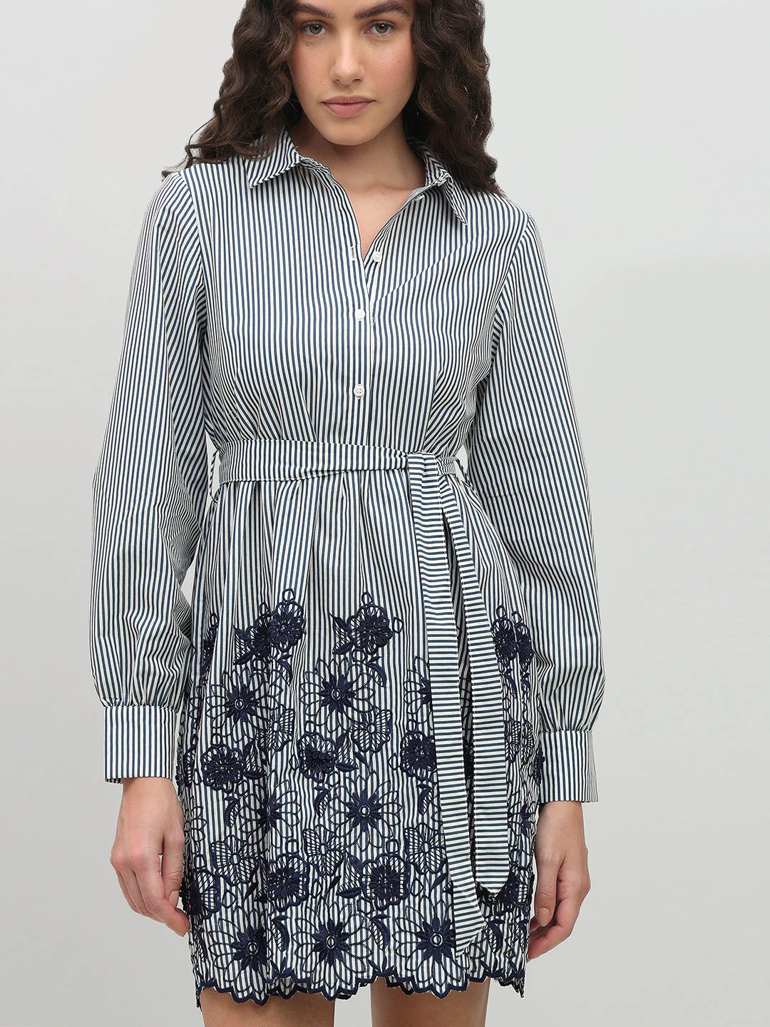 Striped Embroidered Lace Shirt Dress - Image 6