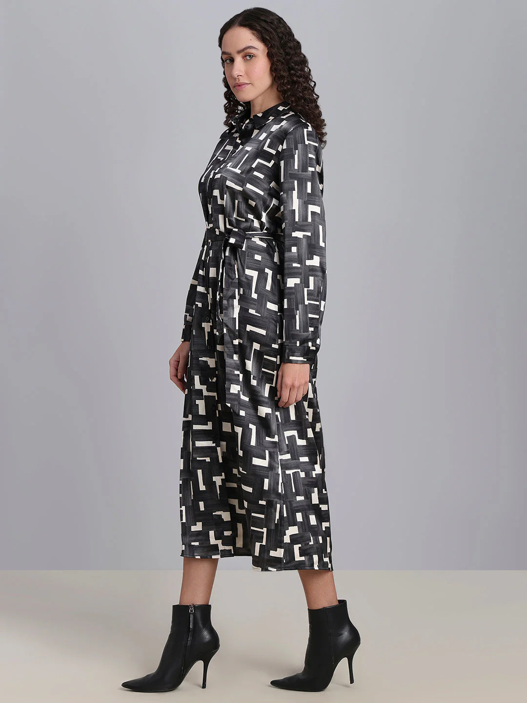 Geometric Print Tie-Waist Dress - Image 3
