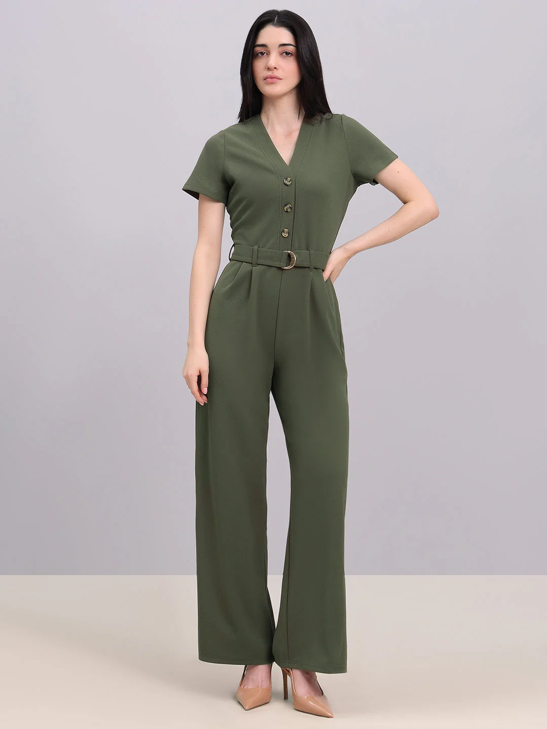 Olive V-Neck Jumpsuit - Image 2