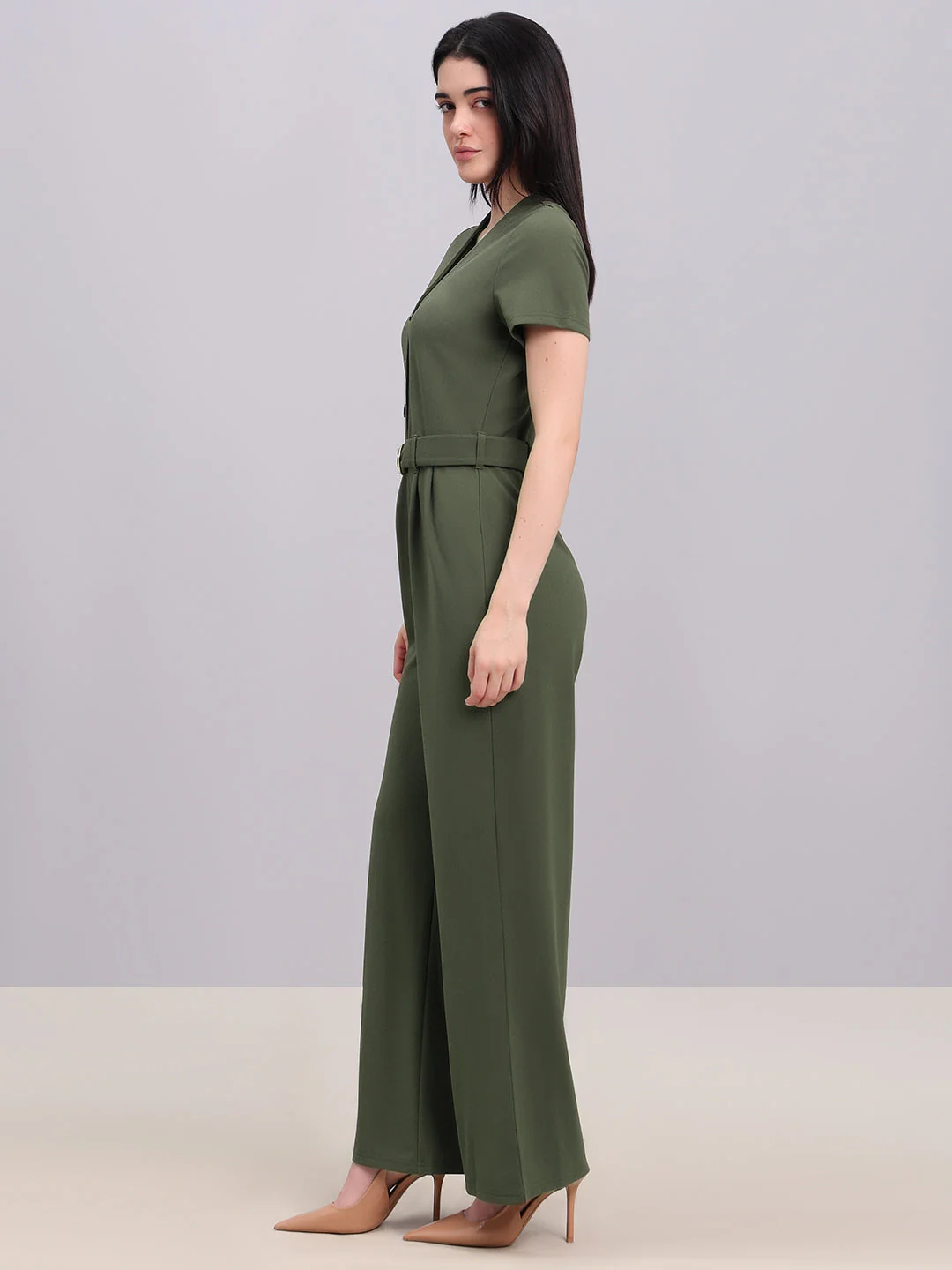 Olive V-Neck Jumpsuit - Image 3