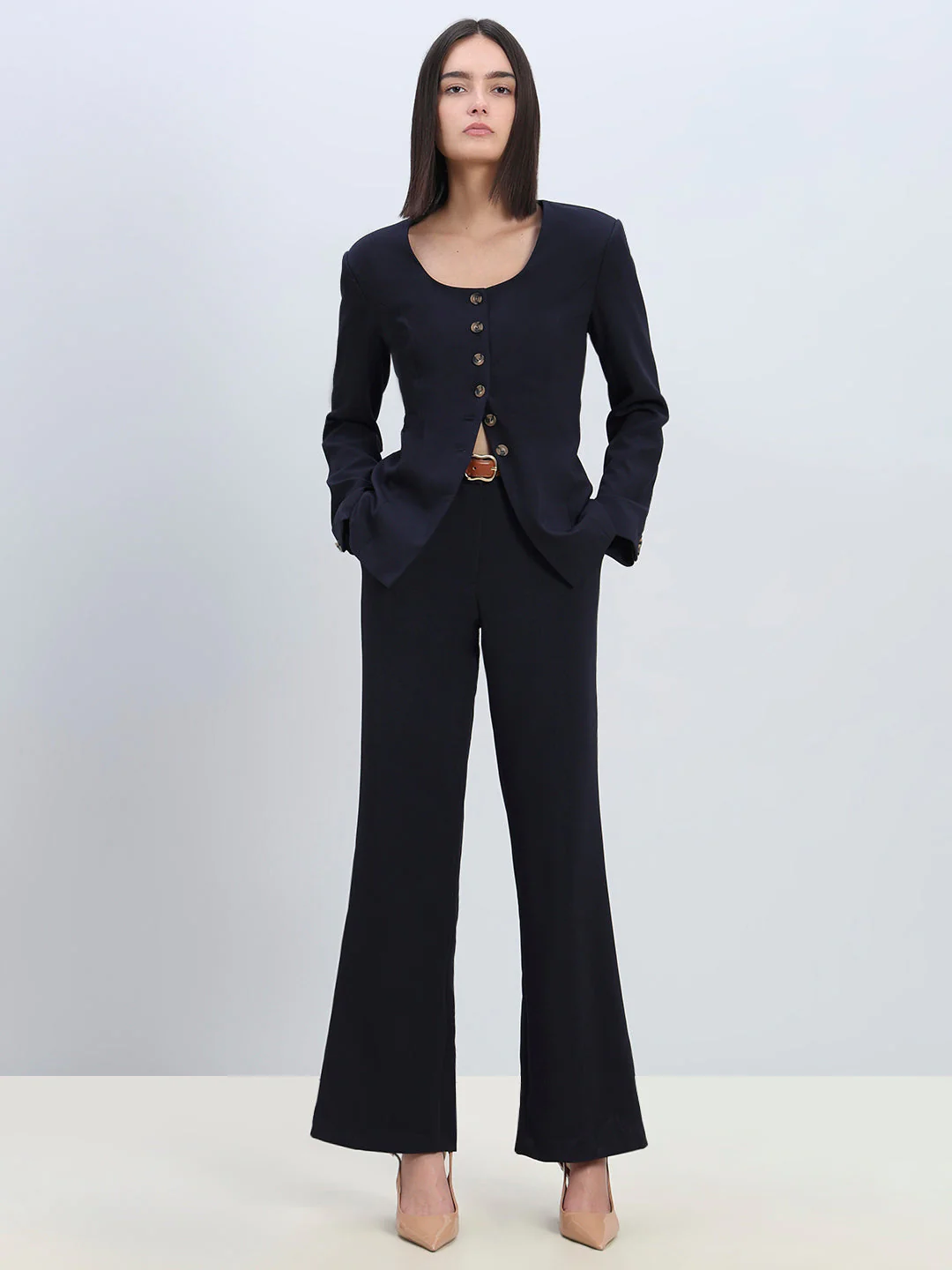 Navy High Rise Flared Pants - Image 5