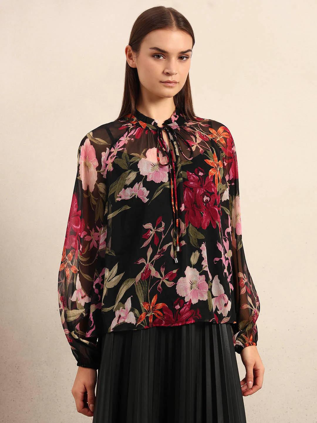 Flowy Floral Print Tie-Neck Top - Image 2